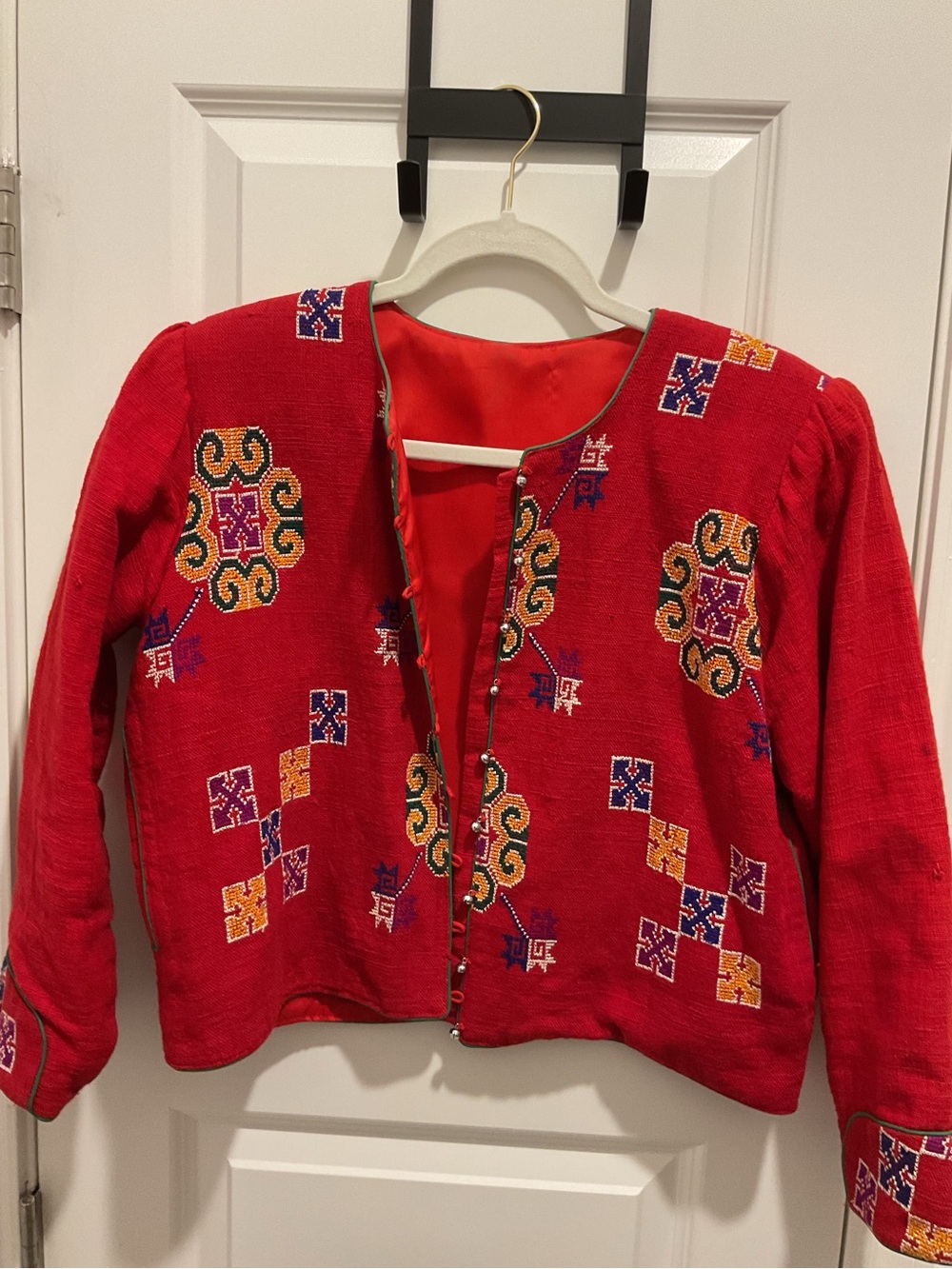 Vintage Red Embroidered Jacket with Colorful intricate geometric designs